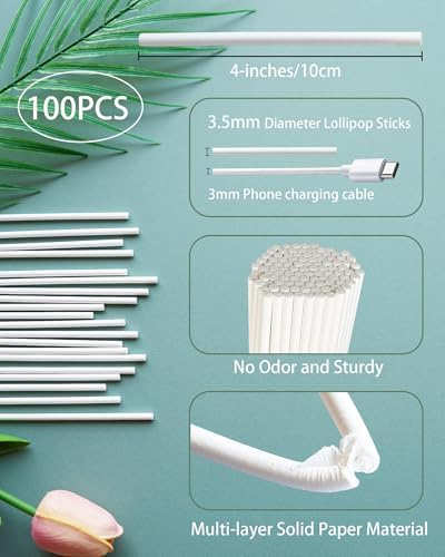 3.5mm White Lollipop Sticks and Bags Set, 100Pcs 4-inch Paper Sticks,100Pcs Clear Bags, 100Pcs Twist Ties for Sucker, Hard Candy, Chocolate, Cookie, Dessert (Gold)