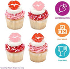 DecoPac Say It With Kisses Rings, 24 Red Lip Cupcake Decorations For Valentine's Day, Wedding, Engagement, Bachelorette, Anniversary, Food Safe Cake Toppers - 24 Pack