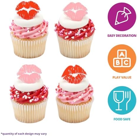 DecoPac Say It With Kisses Rings, 24 Red Lip Cupcake Decorations For Valentine's Day, Wedding, Engagement, Bachelorette, Anniversary, Food Safe Cake Toppers - 24 Pack