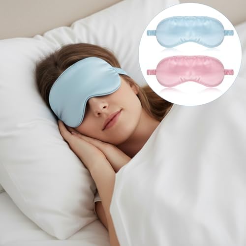 Nogeqi 2 Pack Silk Sleep Masks for Women, Blackout Soft Eye Masks for Sleep with Elastic Strap, Satin Eye Covers for Sleeping Blindfold for Travel Night Eyeshade, Zero Pressure (Pink, Blue)