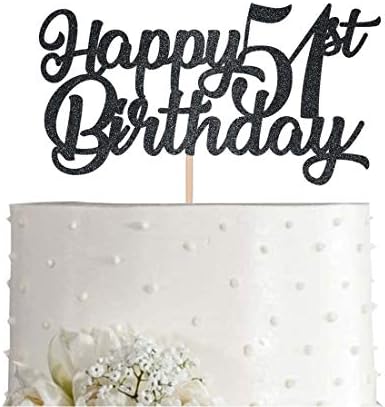 Black Happy 51st Birthday Cake Topper, Black Glitter Cheers To 51 Years Party Cakes Decorations, Supply
