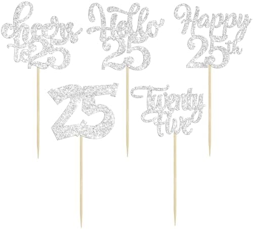 30Pcs 25th Birthday Cupcake Toppers Twenty Five Legal 25th Cupcake Picks Cheers to 25 Years Old Cake Decorations for 25th Anniversary Party Supplies Silver Glitter