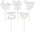 30Pcs 25th Birthday Cupcake Toppers Twenty Five Legal 25th Cupcake Picks Cheers to 25 Years Old Cake Decorations for 25th Anniversary Party Supplies Silver Glitter