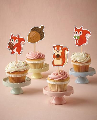 24Pcs Baby Shower Forest Animal Party Supplies Squirrel Theme Cupcake Toppers Woodland Animal Birthday Party Decorations Cartoon Squirrel Cake Topper Decorations for Woodland Theme