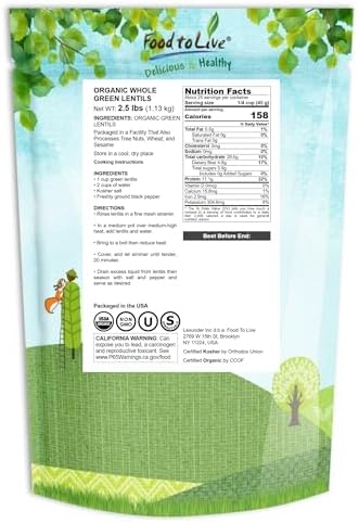 Food to Live Organic Whole Green Lentils, 2.5 Pounds – Non-GMO, Dried Raw Beans, Sproutable, Vegan, Kosher, Bulk. High in Folate, Dietary Fiber, Protein. No Soaking Required. Great for Burgers.
