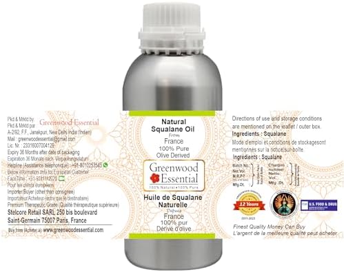 Greenwood Essential Pure Natural Squalane Oil (derived from Olives) Natural Therapeutic Grade for Hair, Skin & Aromatherapy 630ml (21 oz)