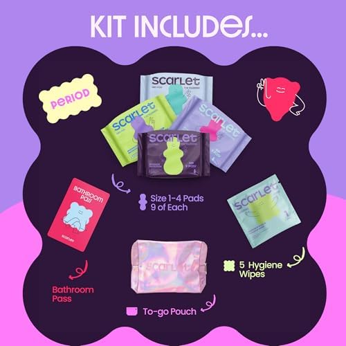 Scarlet by RedDrop Tween Period Kit for Girls 9–12 (45 Pcs) | 36 Pads with Wings (Light, Moderate, Heavy, Max), 5 Wipes, PU Bag, Education Booklet, Bathroom Pass & Sticker Sheet