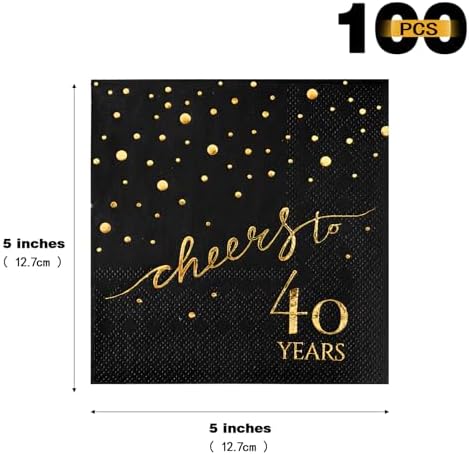 100 Pack of 40th Birthday Napkins, Cheers to 40 Cocktail 5x5 Inches Party Paper Napkins for Birthday Decorations Wedding Anniversary Black and Gold, 3-Ply