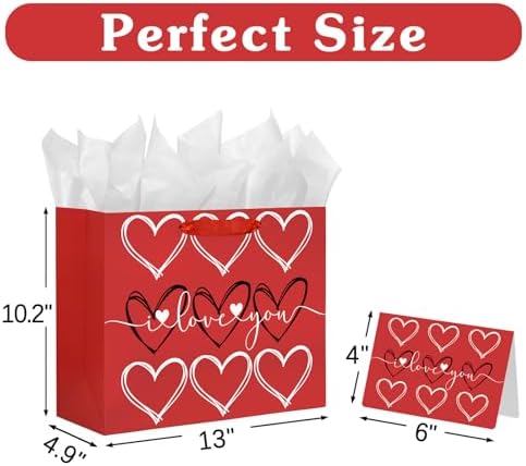 DaiUni 13" Large Valentine Gift Bag with Tissue Paper for Valentines Day(i love you)