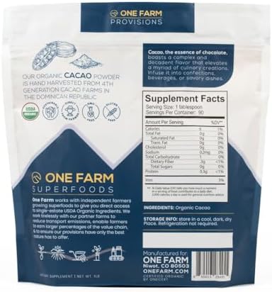 One Farm by WAAYB Organic Cacao, Single Estate, Non-GMO, Fair-Trade, Vegan, Gluten Free, 100% Raw Rizek Cacao in Resealable Bag for Cooking, Smoothies, Lattes & Baking (1 lb, Powder)