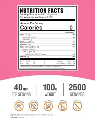 BulkSupplements.com Stevia Extract Powder - Stevia Sweetener, Zero Calorie Sweetener - Gluten Free, 40mg per Serving, 100g (3.5 oz) (Pack of 1)