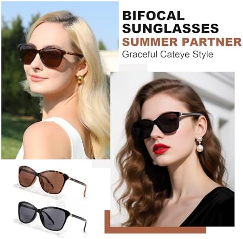 Premium Bifocal Reading Sunglasses for Women, Retro Cateye Sun Readers UV400 Protection, Classic Shades Black & Tortoise (1 Black & 1 Tortoise, 2.50)