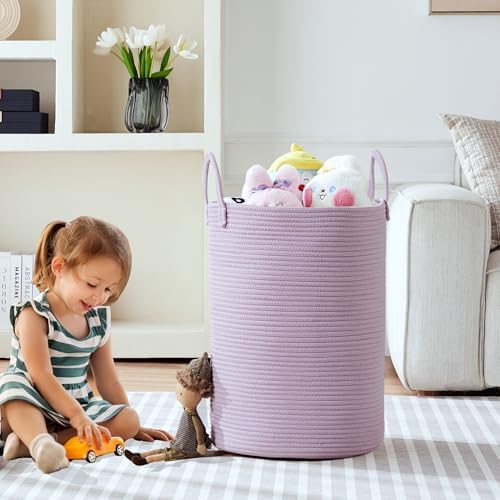 80L Extra Large Purple Hamper Laundry Basket for Nursery Kids 16Dx22H inches Tall Lavender Blanket Basket for Girls Cotton Rope Lilac Clothes Hamper in Bedroom