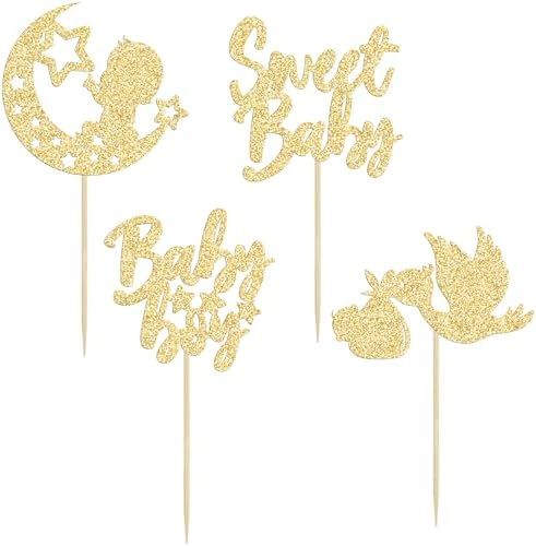 24Pcs Baby Boy Cupcake Toppers Gold Glitter Moon Star Sweet Baby Boy Cupcake Picks Decorations for Gender Reveal Baby Shower Kids Boys Birthday Party Supplies