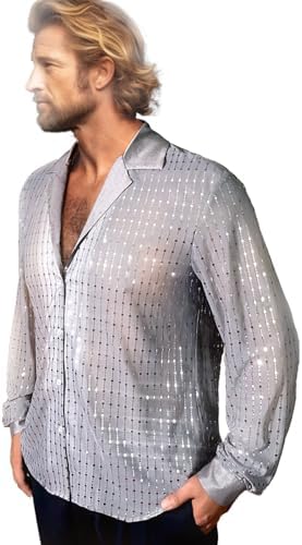 Mens Mesh Sequins See Through 70s Disco Long Sleeve Button Down Shirts