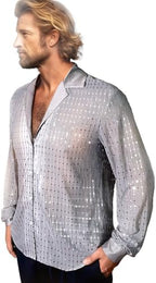 Mens Mesh Sequins See Through 70s Disco Long Sleeve Button Down Shirts
