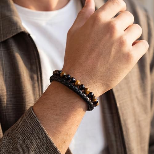 RANKEEF Gifts for Men - Mens Beaded Leather Bracelet with Tiger Eye Stainless Steel Engraved Anniversary Christmas Birthday Gifts for Son Husband Man 7.5/8.5/9 Inches Mens Leather Bracelet