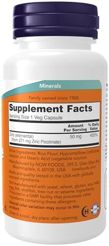 NOW Foods Supplements, Zinc Picolinate 50 mg, Supports Enzyme Functions*, Immune Support*, 120 Veg Capsules (Packaging may vary)