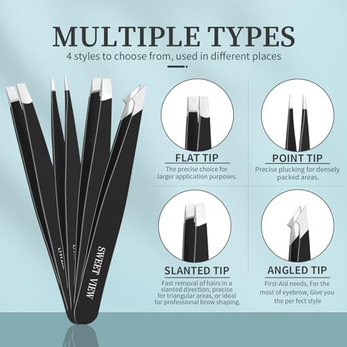 SWEET VIEW 7pcs Eyebrow Tweezers Kit for Women Precision Plucker with Brow Scissors & Razor & Spoolie for Facial, Chin, Brow, Splinter and Ingrown Hair