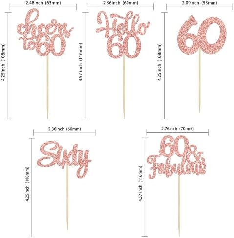 30Pcs Happy 60th Birthday Cupcake Toppers Rose Gold Glitter Sixty Cake Toppers Cheers to 60 Years Old Birthday Cupcake Picks for 60th Anniversary Party Cake Decorations Supplies