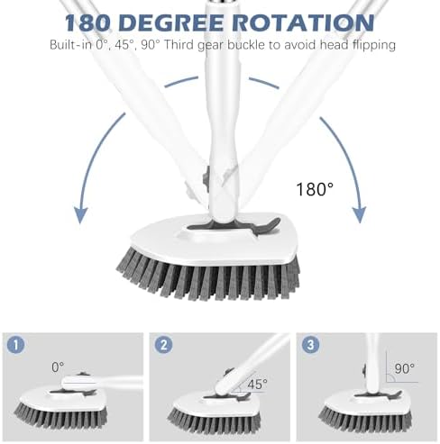 SetSail Floor Scrub Brush, 3-in-1 Tile Tub Floor Scrubber with 52-inch Adjustable Long Handle Shower Cleaner Brush and 3 Detachable Replacement Brush Heads for Cleaning Bathroom Tub Tile, White Grey