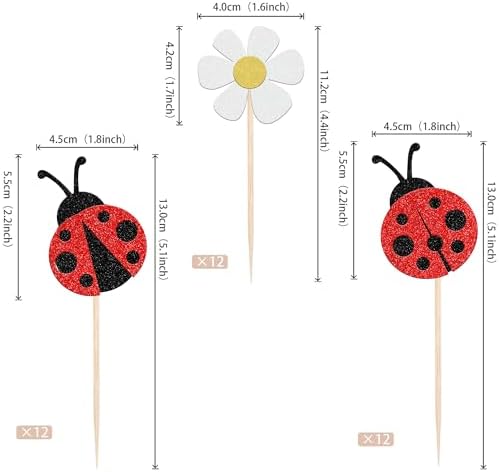 36 PCS Ladybug Cupcake Toppers Glitter Flowers Insects Cupcake Picks Garden Theme Baby Shower Kids Birthday Party Cake Decorations Supplies