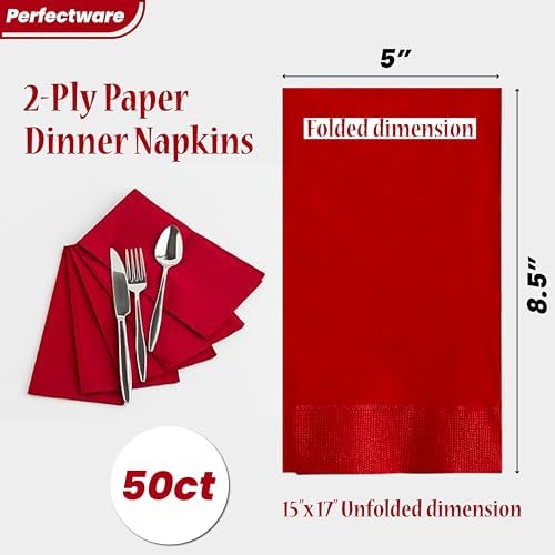 Perfectware- 2 Ply Dinner Napkin Red- 50 CT Red 2 Ply"15 x 17" Paper Dinner Napkins - Pack of 50 CT. Ideal for Party., (PWRedDinnerNapkin-50CT)