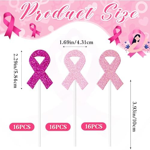 Marspark 48 Pieces Pink Ribbon Cupcake Toppers Picks Cake Decorations Breast Cancer Cake Topper for Breast Cancer Awareness Party