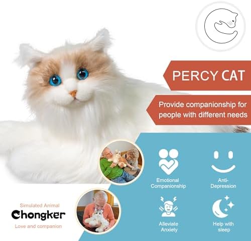 Chongker Interactive Companion Robot Cat Pets, Handmade Weighted Stuffed Animals, Cat Plush Toy with Voice Response, Realistic Heartbeat and Purring, Ragdoll Cat