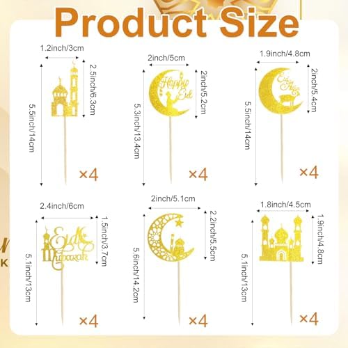 Eid Mubarak Cupcake Toppers, 24 PCS Gold Glitter Moon Star Happy Eid Cupcake Picks, Muslim Islamic Themed Food Toppers Cake Decorations for Eid Mubarak Ramadan Party Supplies