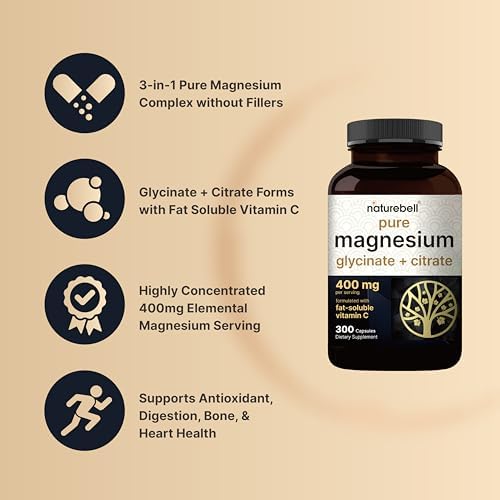 Magnesium Complex 400mg, 300 Capsules | Glycinate, Citrate | Chelated & Purified | Bone, Heart & Digestion Support | Non-GMO