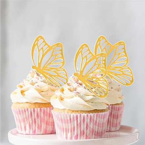 10 Pcs Gold Acrylic Butterflies Cupcake Toppers,Mini Gold Cake Toppers,Suitable For Girl Happy Birthday Cake Decoration Wedding Cake Toppers Party Supplies