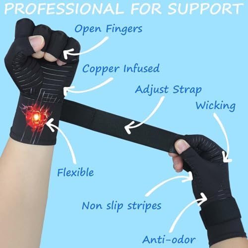 Copper Arthritis Gloves for Women Men, Fingerless Compression Gloves for Arthritis, Carpal Tunnel, Pain Relief, Swelling, Rheumatoid, Typing, Adjustable Wrist Strap (1pair, Small/Medium)