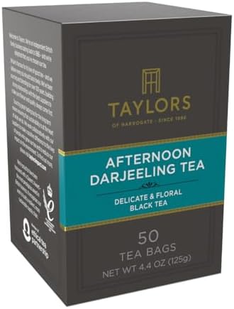 Taylors of Harrogate Afternoon Darjeeling, Black Tea, Pillow Bags 50 Count (Pack of 1), Delicate, Sweet & Floral, Caffeinated, Enjoy Hot or Iced, 50 Teabags