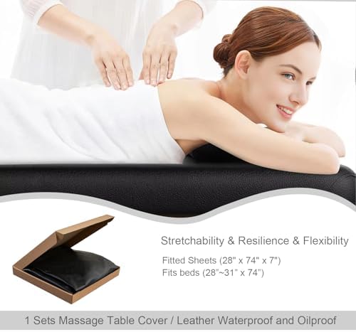 Massage Table Cover Protector Vinyl Leather Spa Bed Covers - Fits Beds 28-32" Wide, Lash Bed Protective Cover Fitted, Esthetician Accessories, Waterproof & Oilproof & Reusable & Elastic (Black)
