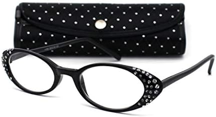 Womens Rhinestone Studded Oval Cat Eye Reading Glasses with Hard Case