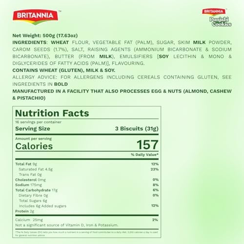 Britannia Punjabi Ajwain Eggless Cookies 500g(17.63oz) | Traditional Indian Biscuits Savory Carom Seed Flavor Crunchy Snack | Perfect with Tea or Coffee
