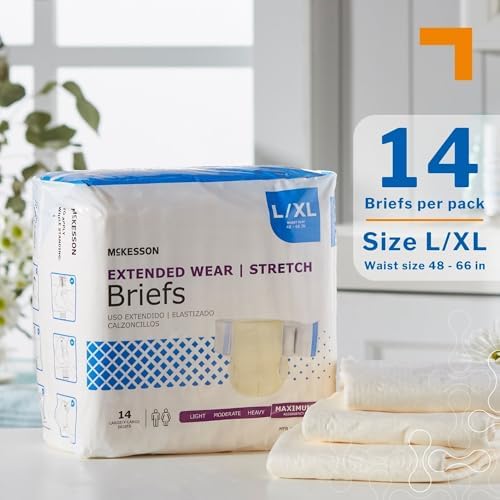 McKesson Extended Wear Stretch Briefs, 14 Count, Size L/XL (48–66 in) – Overnight Adult Diapers with Tabs, Maximum Absorbency, Unisex Disposable Incontinence Briefs for Men and Women