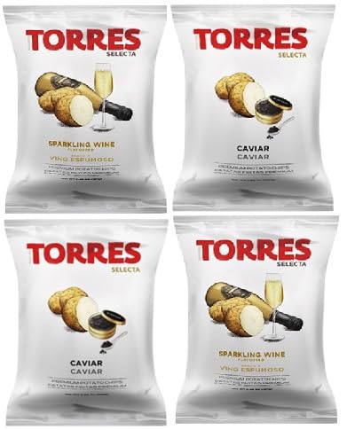(Unique Flavors) [4 PACK] CAVIAR & WINE - Torres Spanish Potato Chips Patatas Fritas Variety Pack Made in Barcelona, Spain - 2 pack Caviar (40g) + 2 pack Sparking Wine (50g)