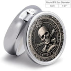 Pill Box-3 Compartment Small Pill Case, Portable Round Pill Box for Pocket or Purse, Decorative Metal Medicine Vitamin Organizer. (Skull)