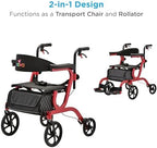 NOVA 2-in-1 Rollator Walker & Transport Chair, Folding Mobility Aid with 10” Front Wheels, Removable Footrests, Lightweight Rolling Walker for Seniors, Walker Wheelchair Combo, Red