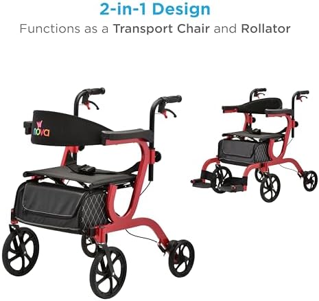 NOVA 2-in-1 Rollator Walker & Transport Chair, Folding Mobility Aid with 10” Front Wheels, Removable Footrests, Lightweight Rolling Walker for Seniors, Walker Wheelchair Combo, Red