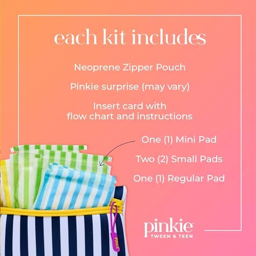 First Period Pinkie Prep - Pouch with 4 Ultra Thin Organic Cotton Topsheet Pads - Mini, Small and Regular Size Pads with Wings - Grab-n-Go Period Travel Kit - Fragrance and Chlorine-Free