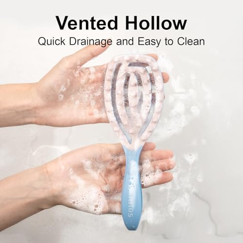 RHOS Scalp Massager, Shampoo Brush with Handle, Curved Vented Hair Scrubber, Scalp Brush for Wet & Dry Hair (Blue)