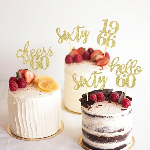 24 Pcs Glitter 60th Birthday Cupcake Toppers for Celebrating Sixty Years Old Birthday Party Decorations (Gold)