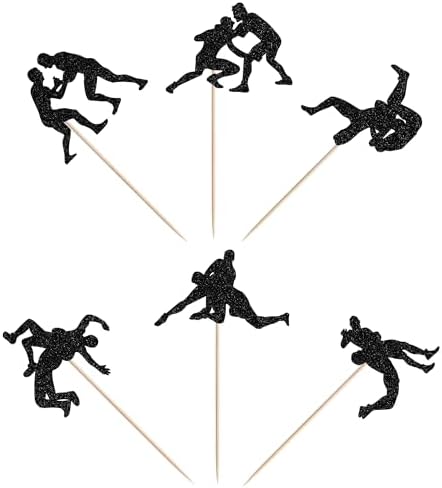 24 PCS Wrestling Cupcake Toppers Glitter Wrestler Cupcake Picks Wrestling Birthday Party Decorations for Sport Theme Boys Men Birthday Party Cake Decorations Supplies Black
