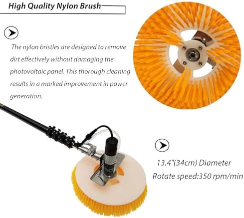 Electric Photovoltaic Panel Cleaning Machine Solar Panel Water Spray Cleaner Brush Handheld Power Photovoltiax Cleaning Brush Telescopic Pole Rotating Nylon Brush φ13.4/19.7ft Length 110V