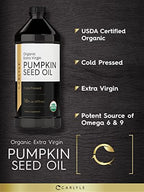 Carlyle Pumpkin Seed Oil 16oz Organic Cold Pressed | Extra Virgin | Vegetarian, Non-GMO, Gluten Free | Safe for Cooking | Great for Hair and Face