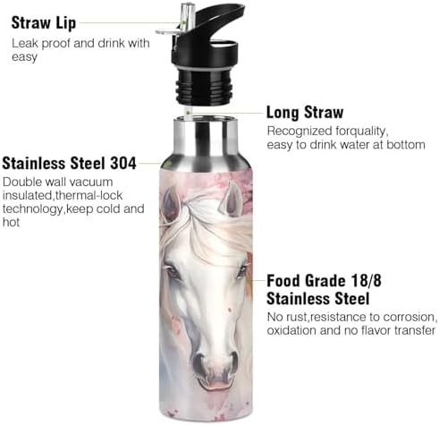 Horse Cherry Blossom Girls Water Bottle Insulated Sports Vacuum Stainless Steel Mug with Straw Lid & Handle 20 oz