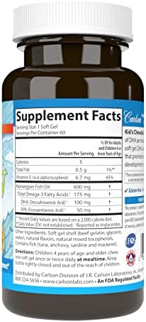 Carlson - Kid's Chewable DHA, 100 mg DHA, Brain & Vision Function, Growth & Development, Orange, 60 Chewable Softgels